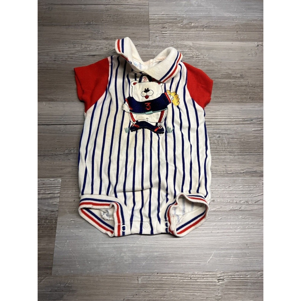 Carter's Baseball Bear Romper 6 Months Red White Navy Striped